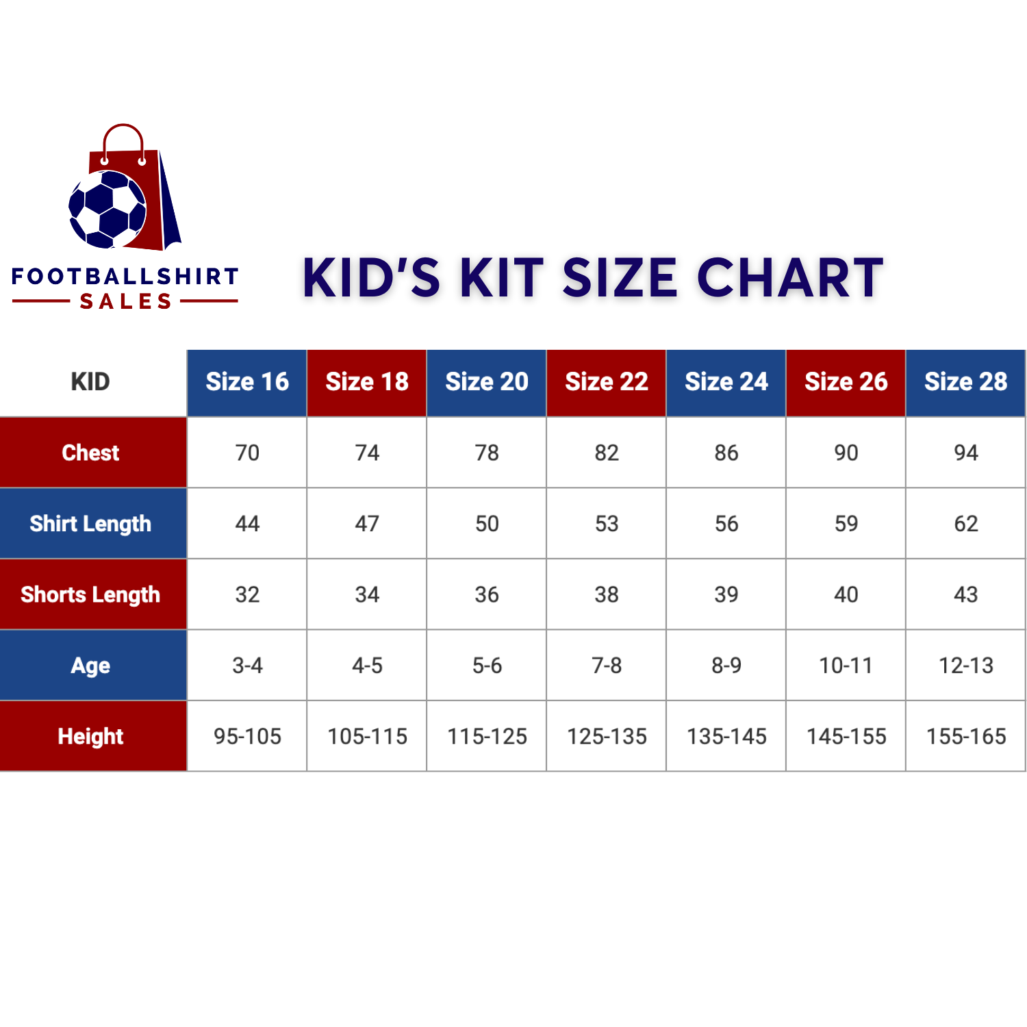 Kid's Football Kit Sales Size Chart Kid's Football Kit Sales Size Chart