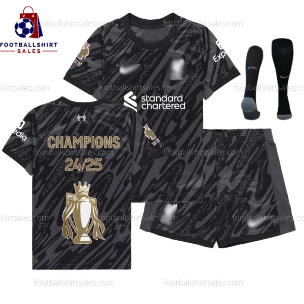 Front View of Liverpool CHAMPIONS Goalkeeper 24/25 Kid Football Kit