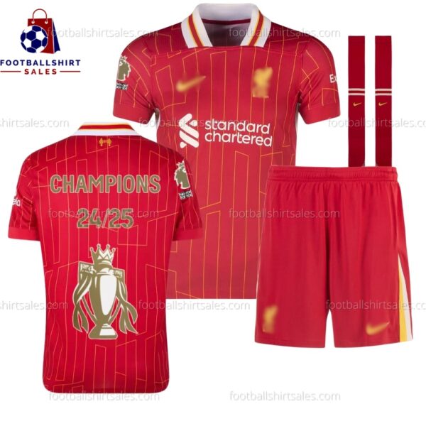 Front View of Liverpool CHAMPIONS 24/25 Kid Football Kit
